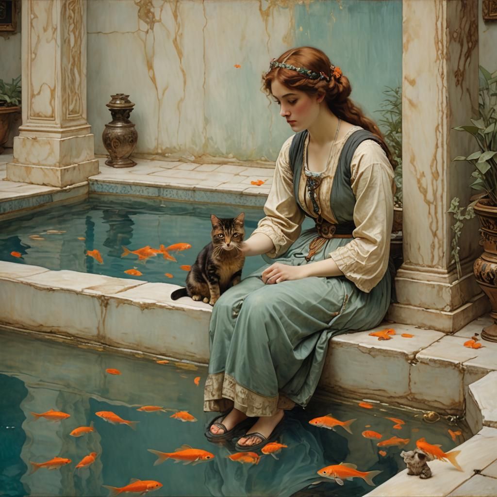 Woman and Cat Watching Goldfish, Alma-Tadema Style