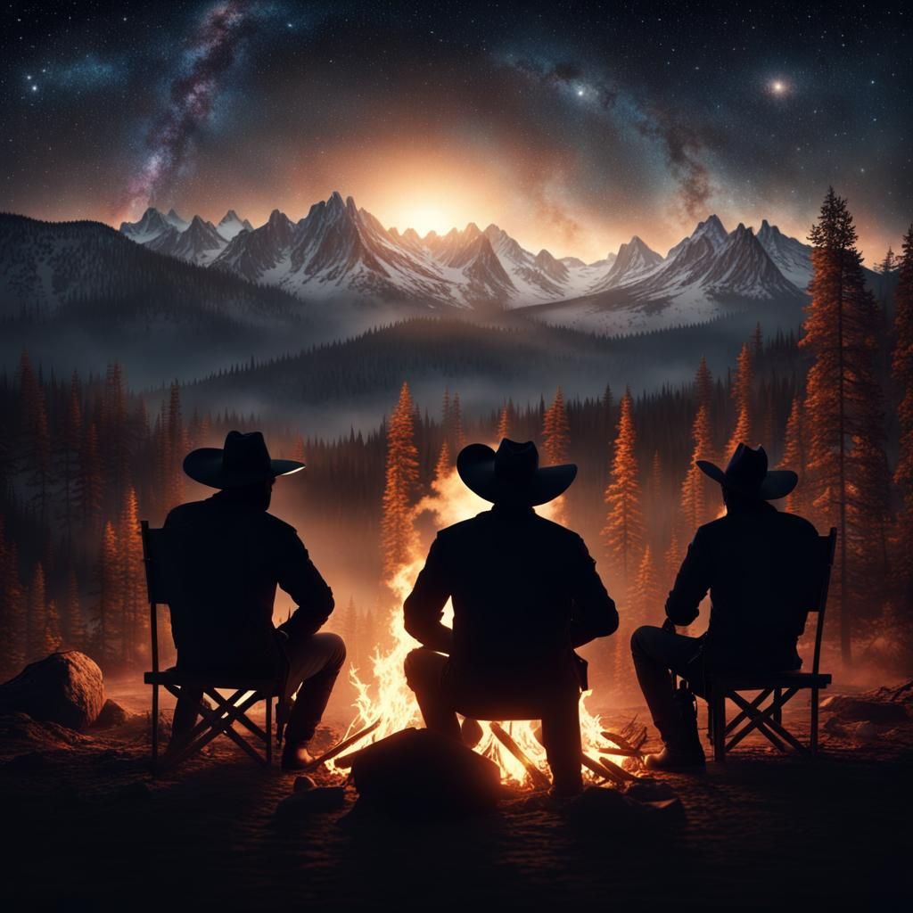 Cowboys Campfire Silhouette Under Starry Mountain Sky