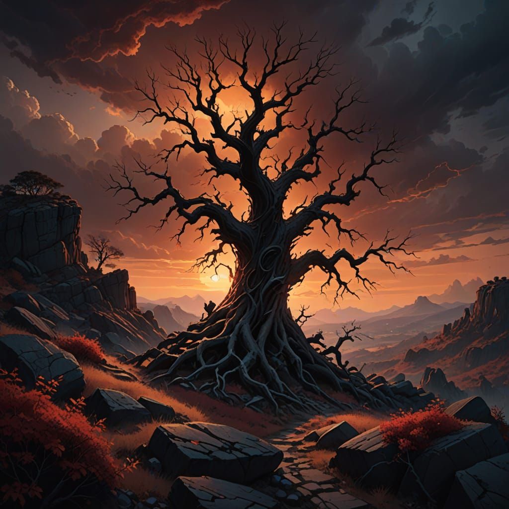 Ancient Tree Stands Alone Amidst Crimson Sunset