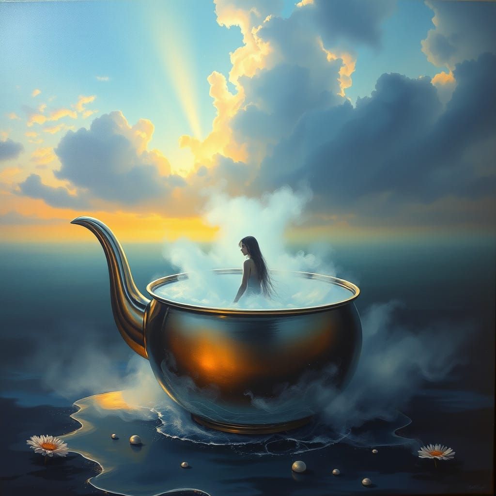 Dreamy Figure Adrift in a Whimsical Kettle