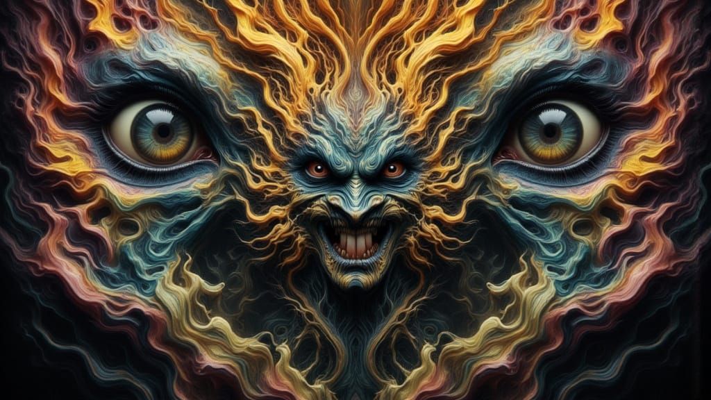 Mutated Man with Fractal Faces in Rainbow Dreamscape