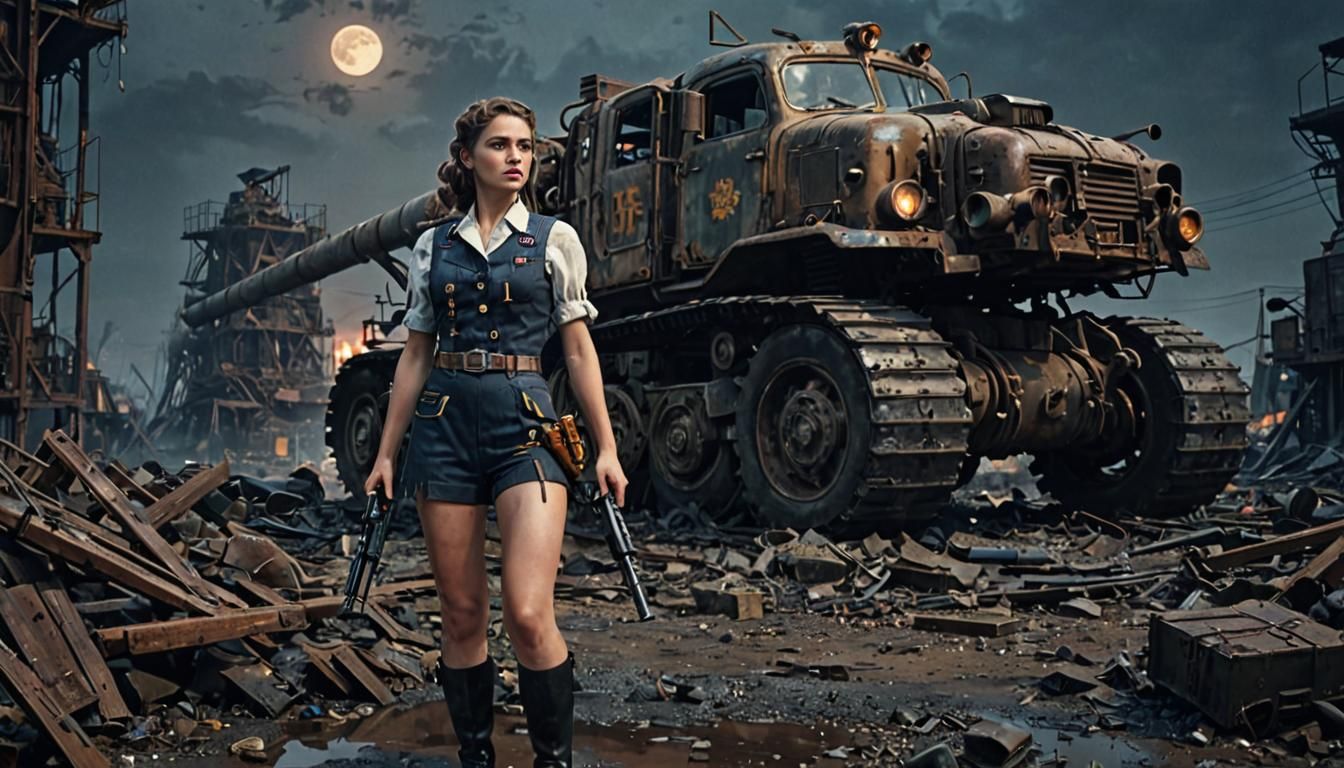 Steampunk Harvester in Ruined Factory with Girl