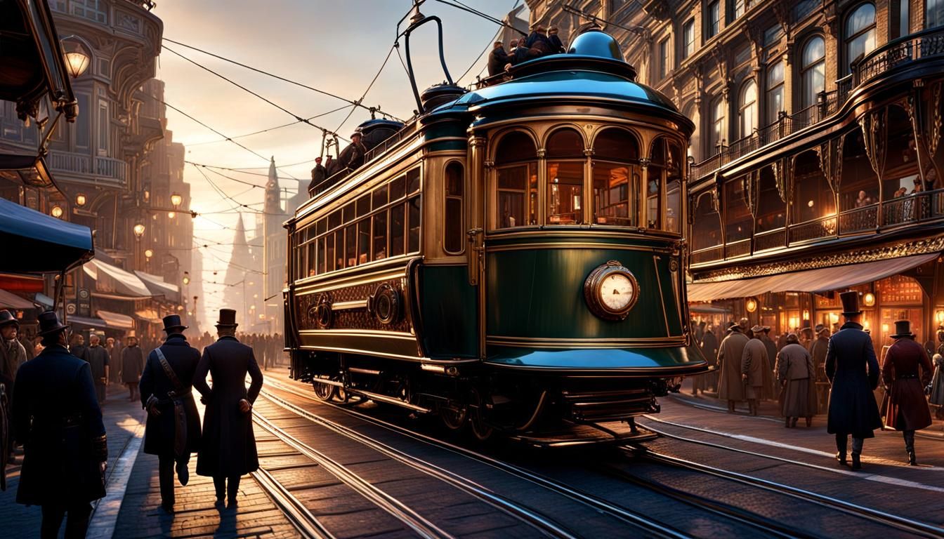 Steampunk-inspired art nouveau tram