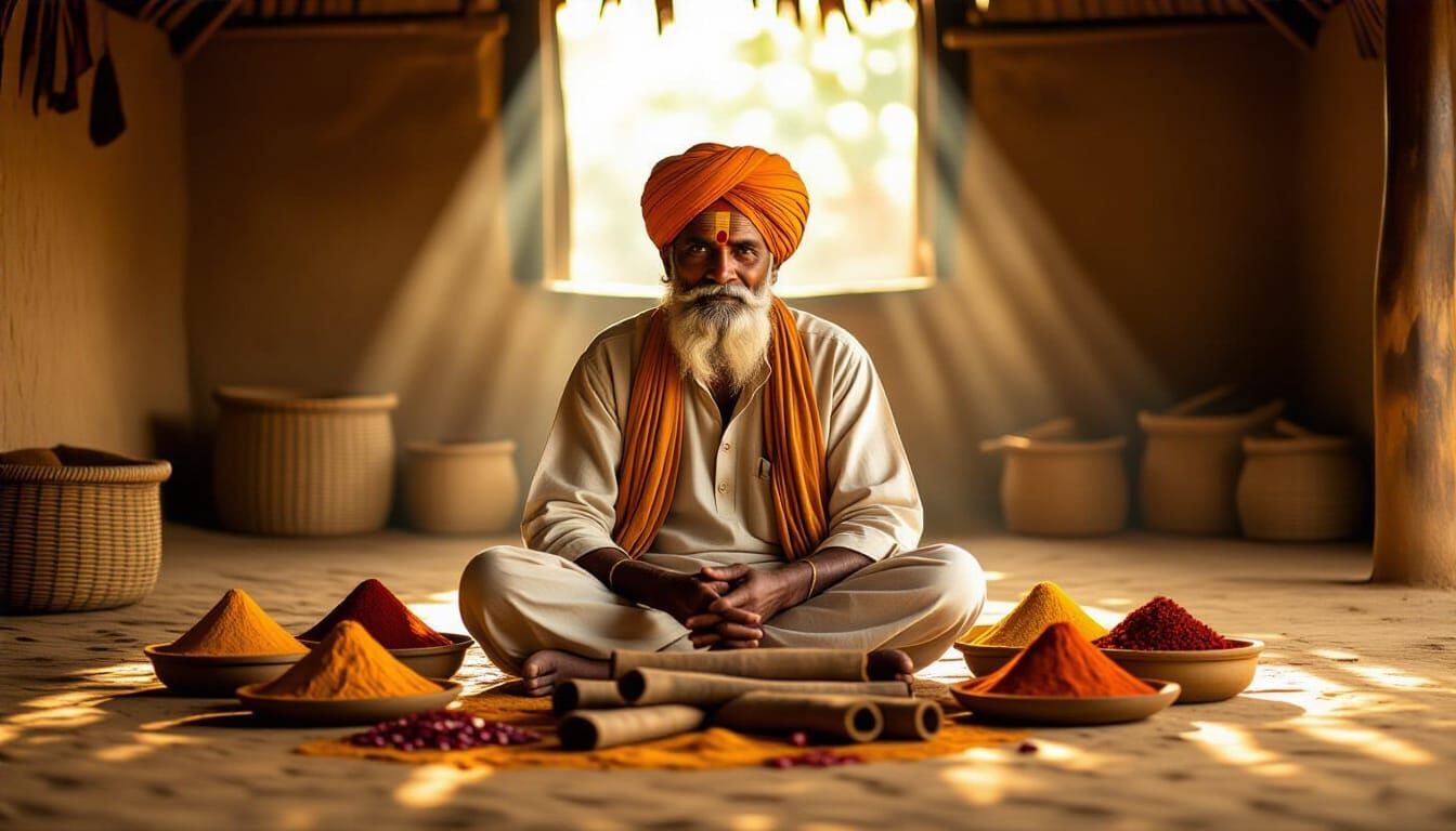 Indian Spice Merchant in Rustic Hut with Vibrant Spices