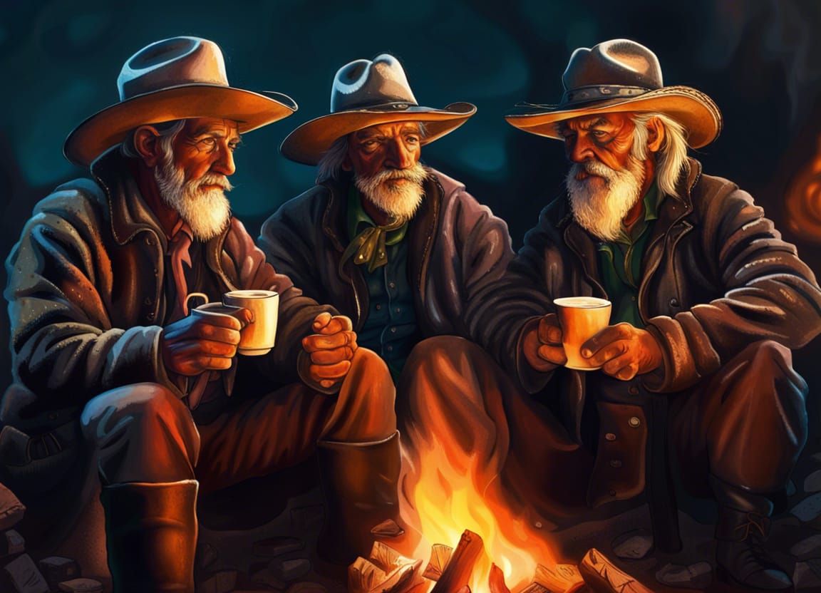 Cowboys Around Campfire: Hyperrealistic Concept Art