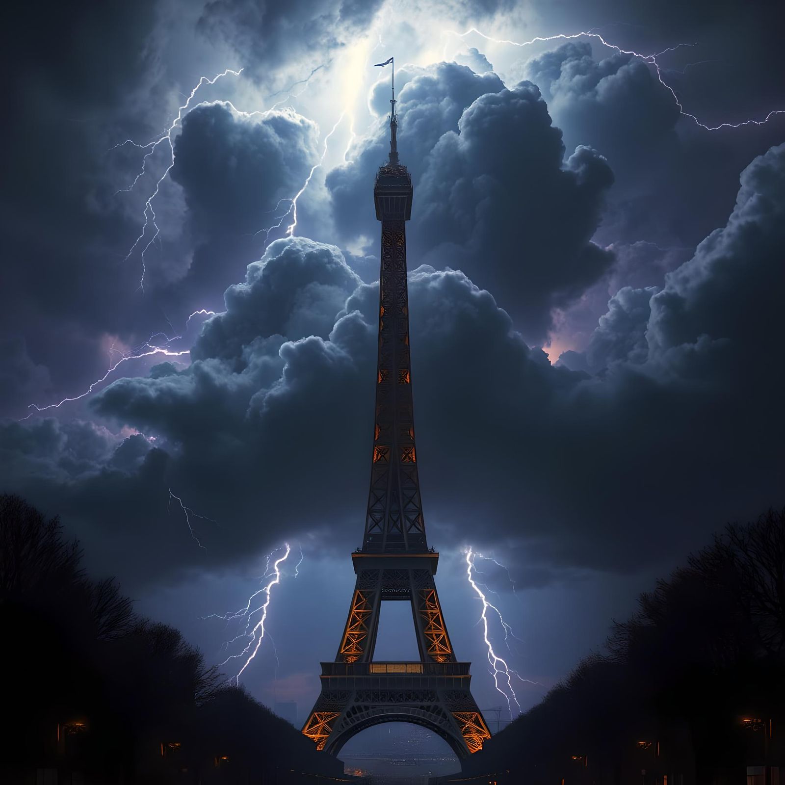 Eiffel Tower Lightning Storm in Dark Fantasy Style