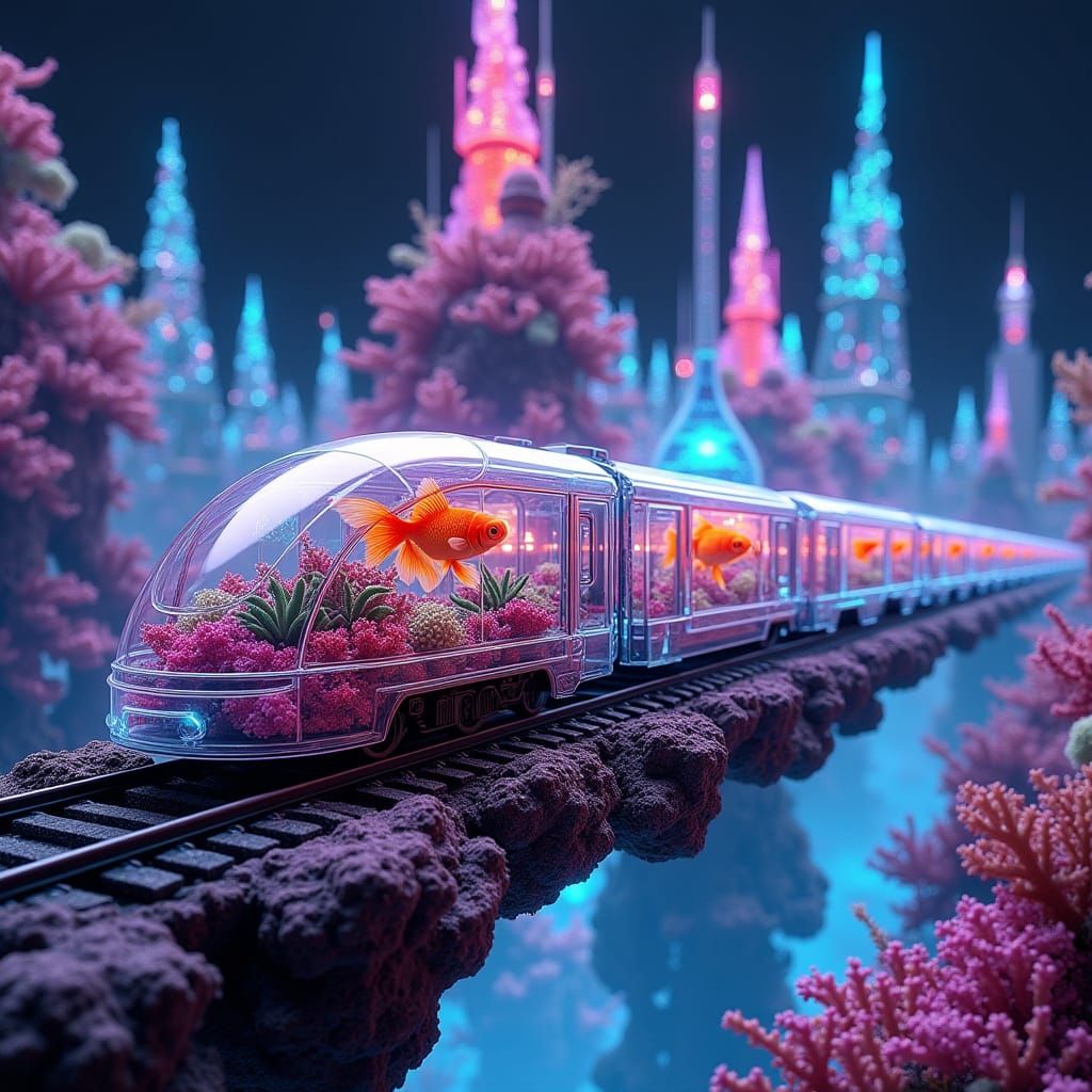 Glowing Neon Train in Ethereal Coral Metropolis