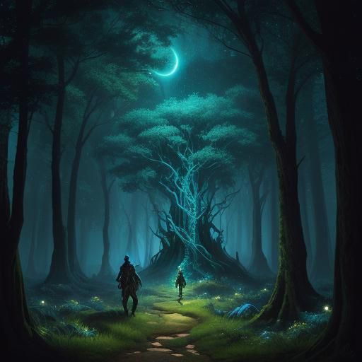 Mystical Elven Forest at Night, Comic Book Art