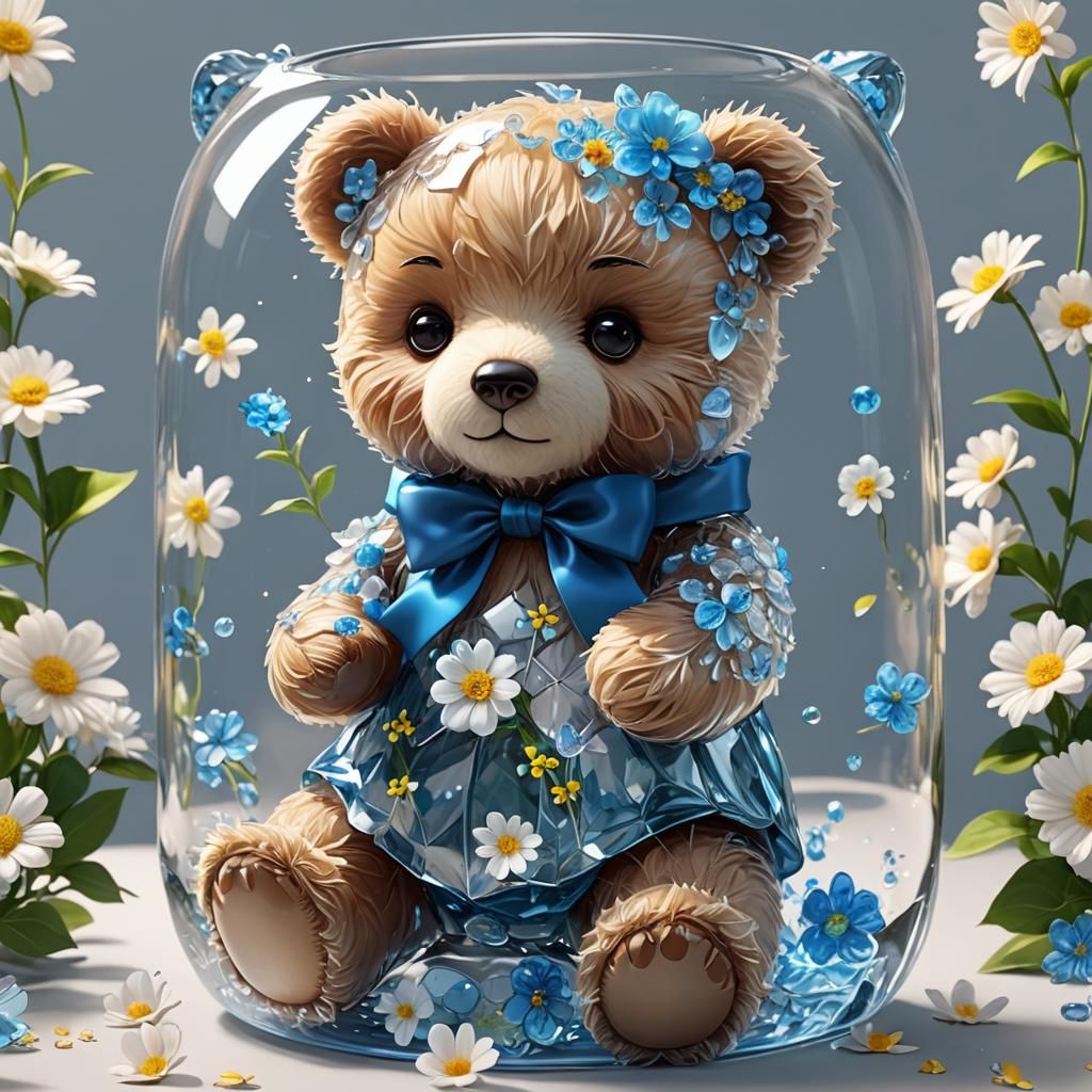 Glass Teddy Bear with Flowers in 3D Anime Art