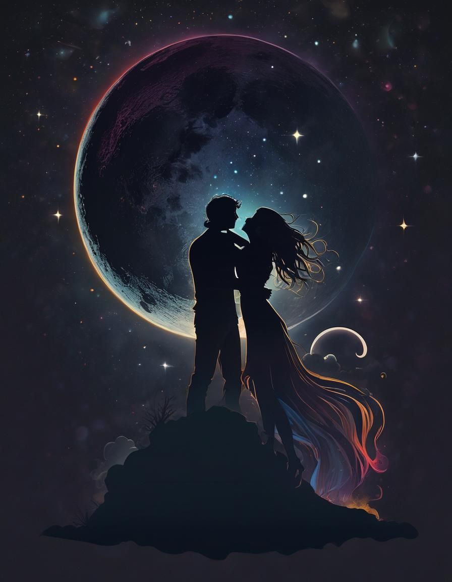 Cosmic Serenade: Lovers Silhouetted on Giant Moon