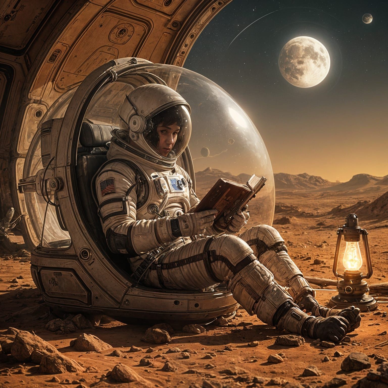 Astronaut Reads on Mars in Biodome