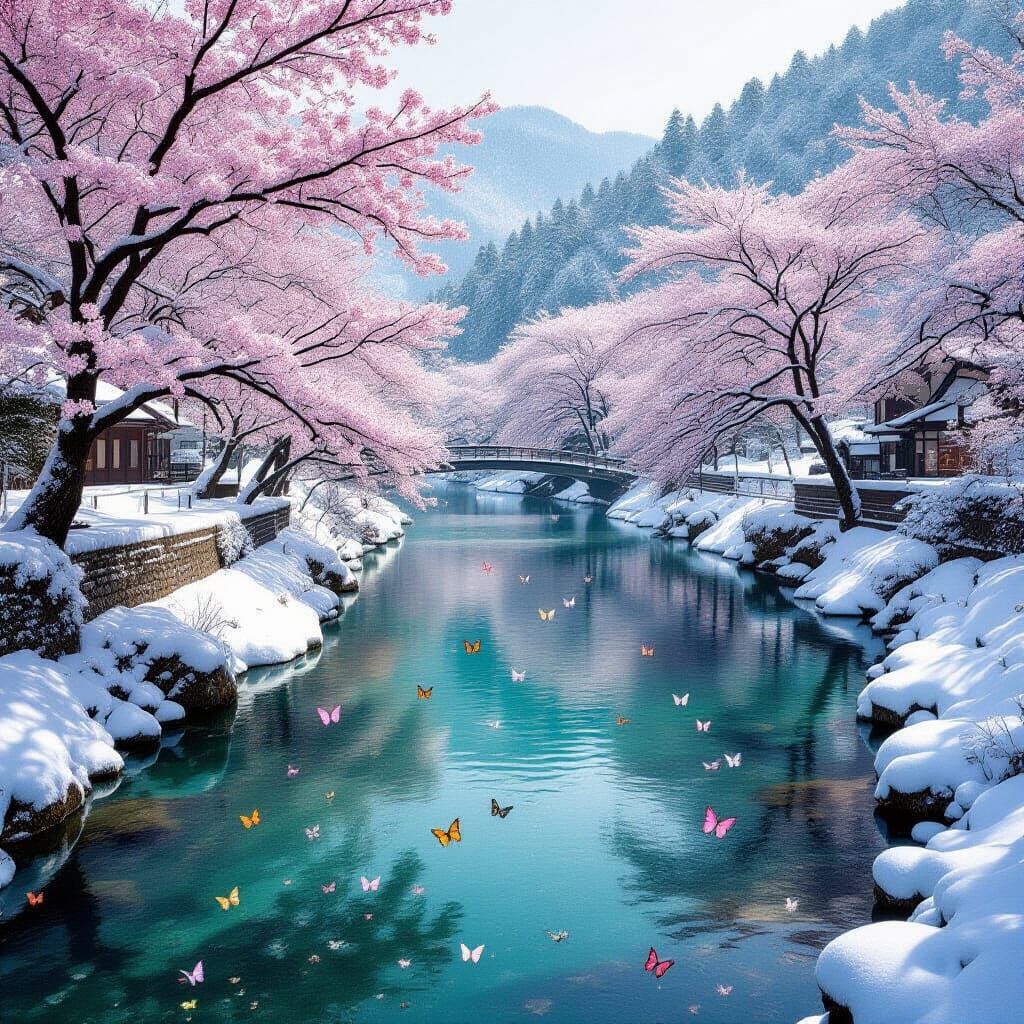 Dual Season River Landscape: Blossoms Meet Frost