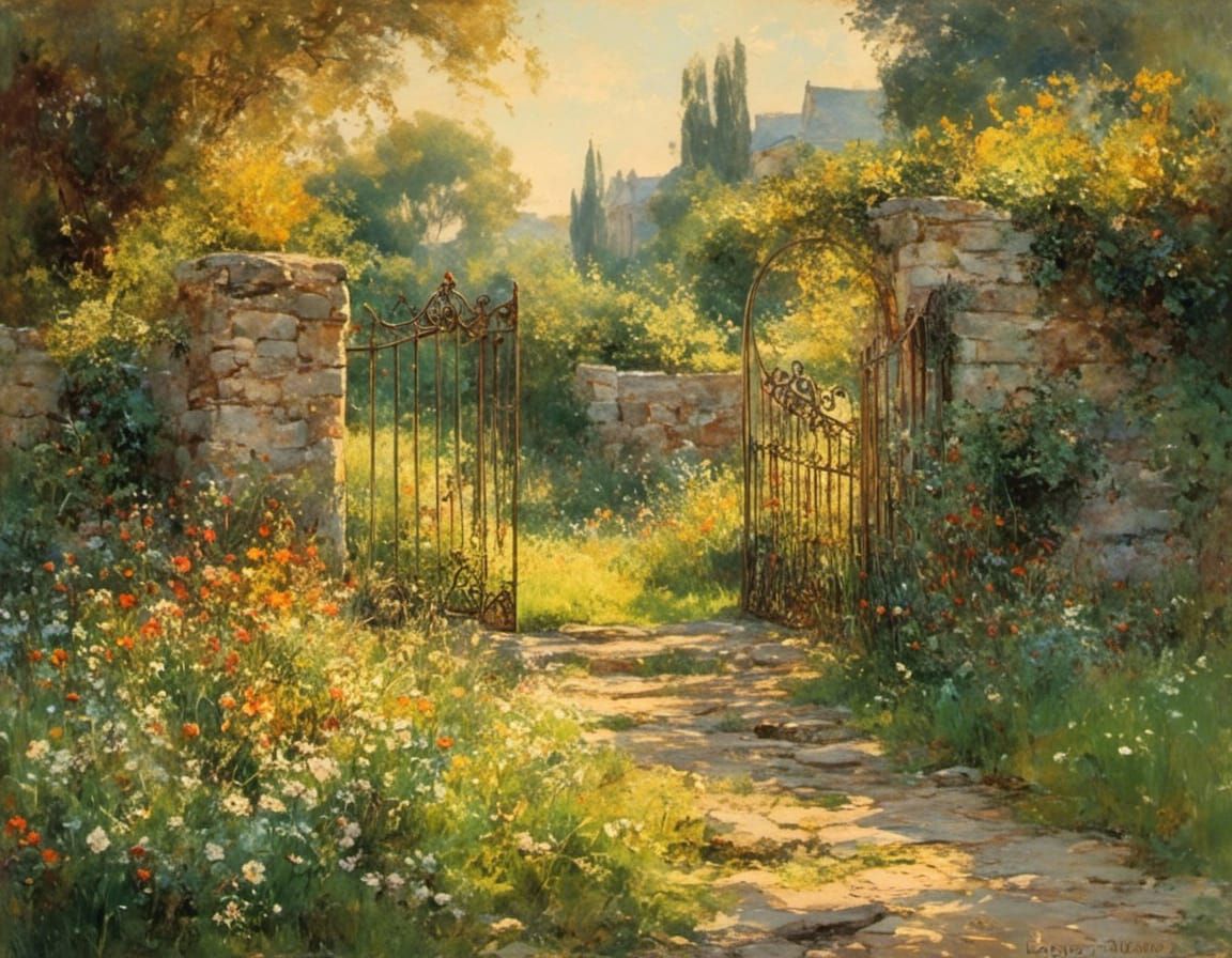 Impressionist Gateway with Lush Grass and Vibrant Blooms