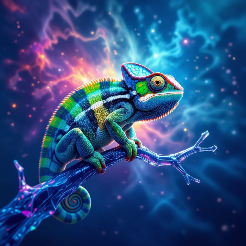 Vibrant Chameleon on Crystalline Branch Amidst Cosmic Nebula
