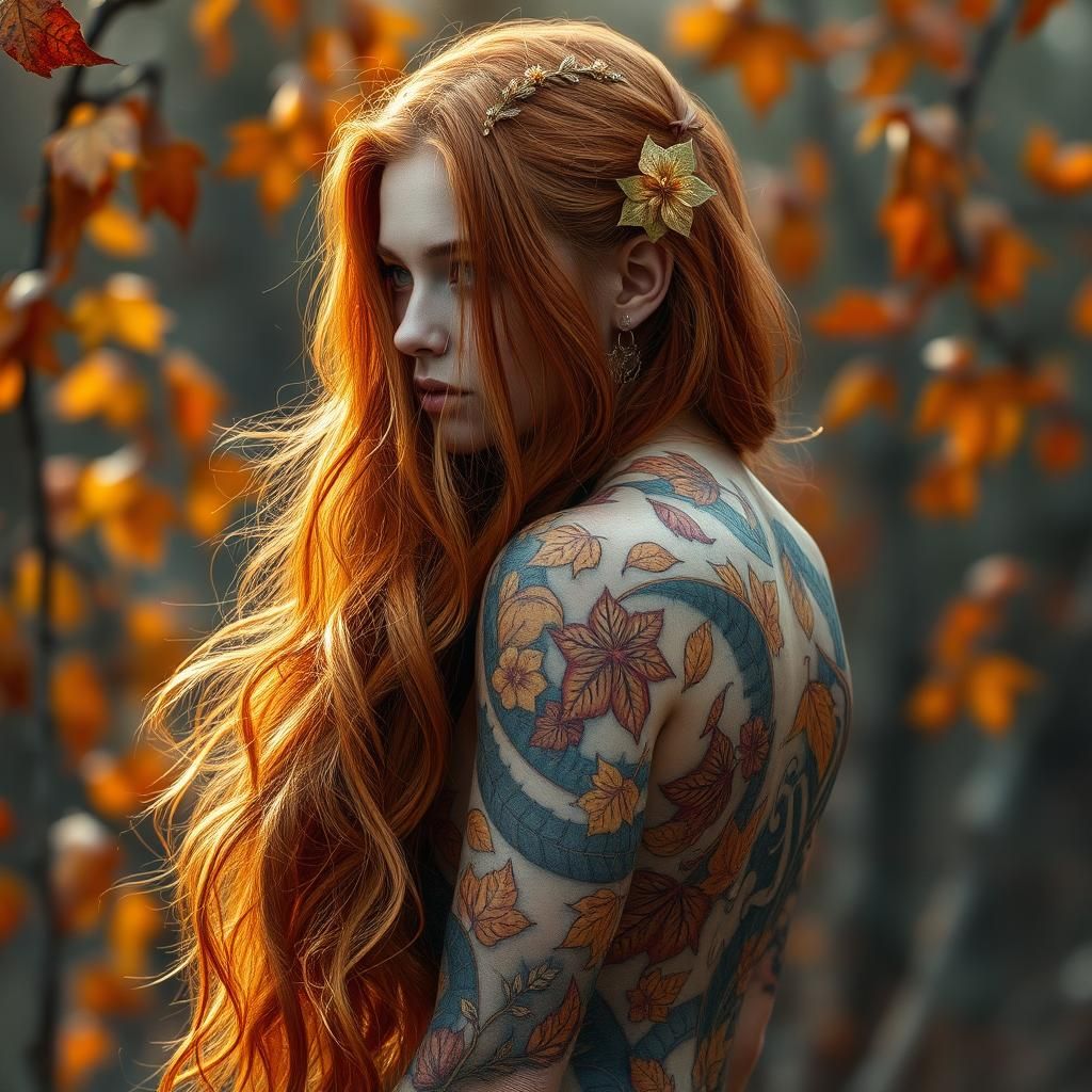 Camouflaged Autumn Goddess with Leaf Tattoos