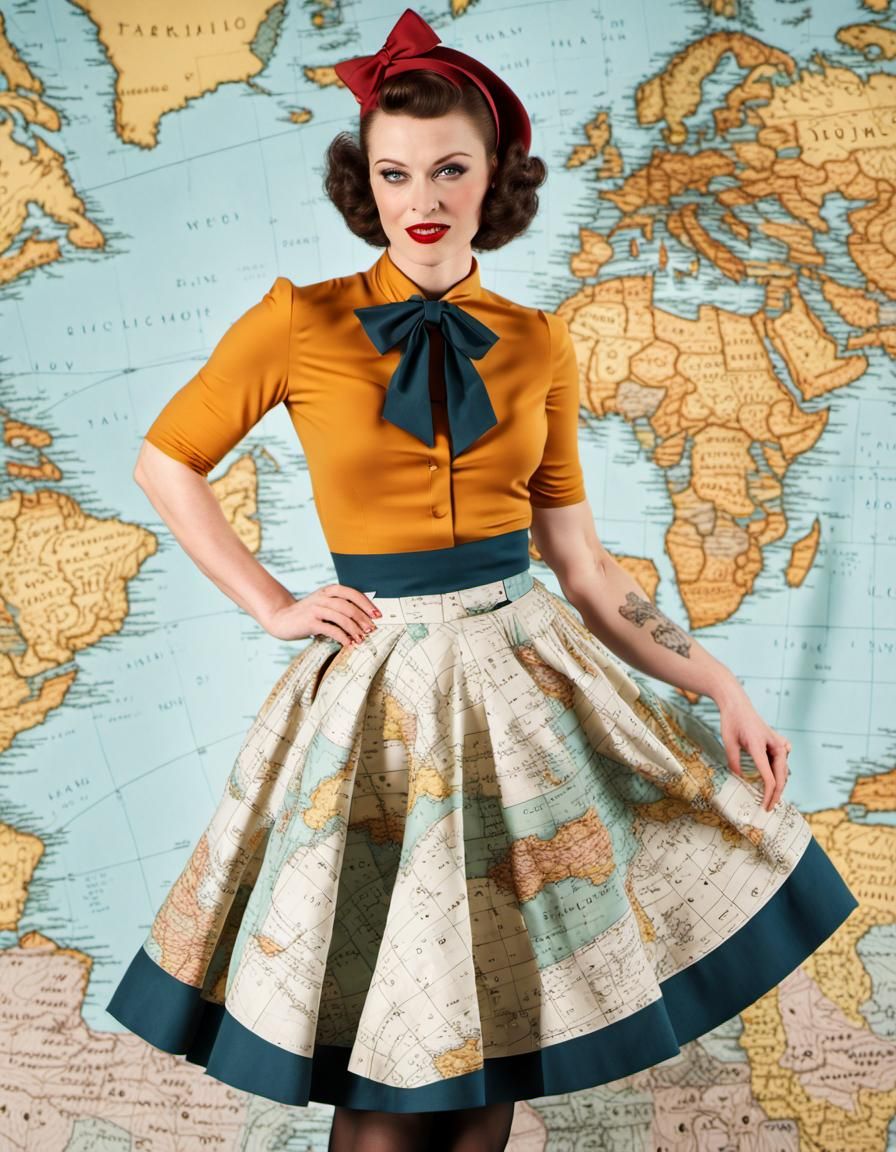 Vintage Fashionista in Map-Print Circle Skirt