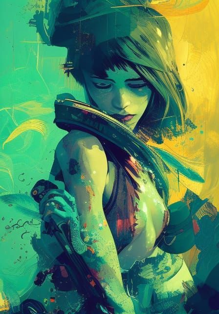 Green Eyes in Country Town: Maximalist Gouache Illustration