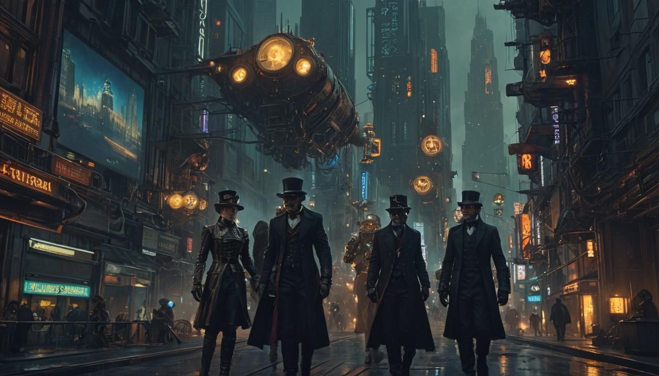 Epic Steampunk Expedition Through a Neon-Lit Metropolis