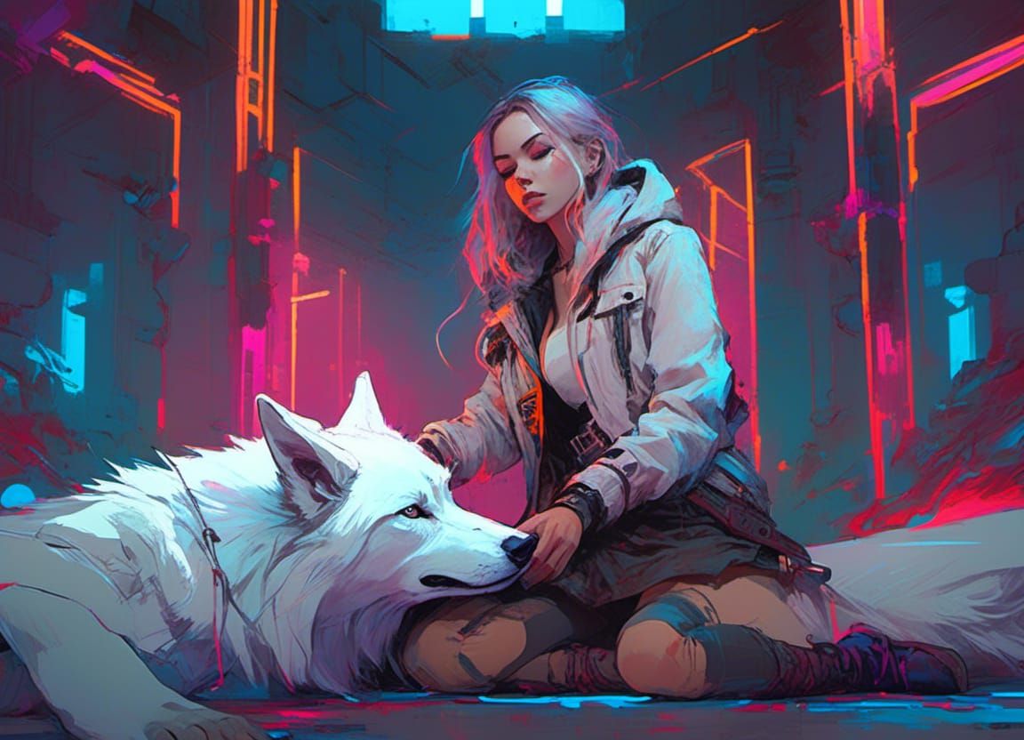 Woman and White Wolf in Neon Lit Dungeon