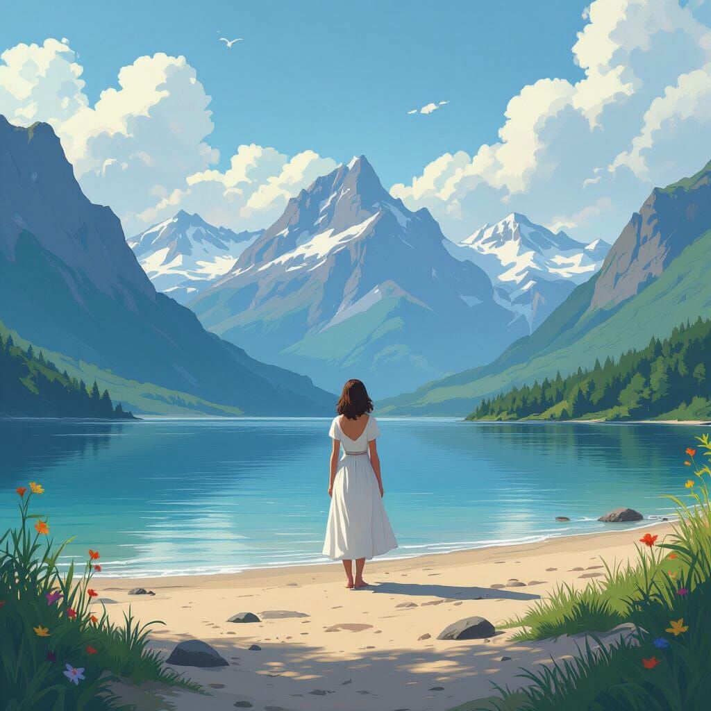 Woman on Lakeside Beach with Mountains, Whimsical Style