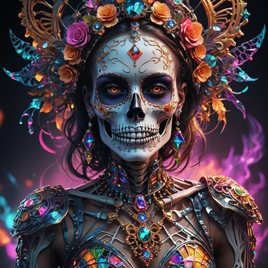 Woman Skeleton in Neon Jewelry: Hyperrealistic Portrait