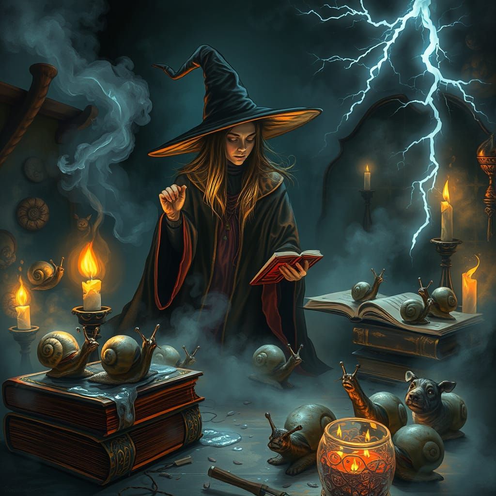 Witch Conjures Spell in Whimsical, Mystical Atmosphere