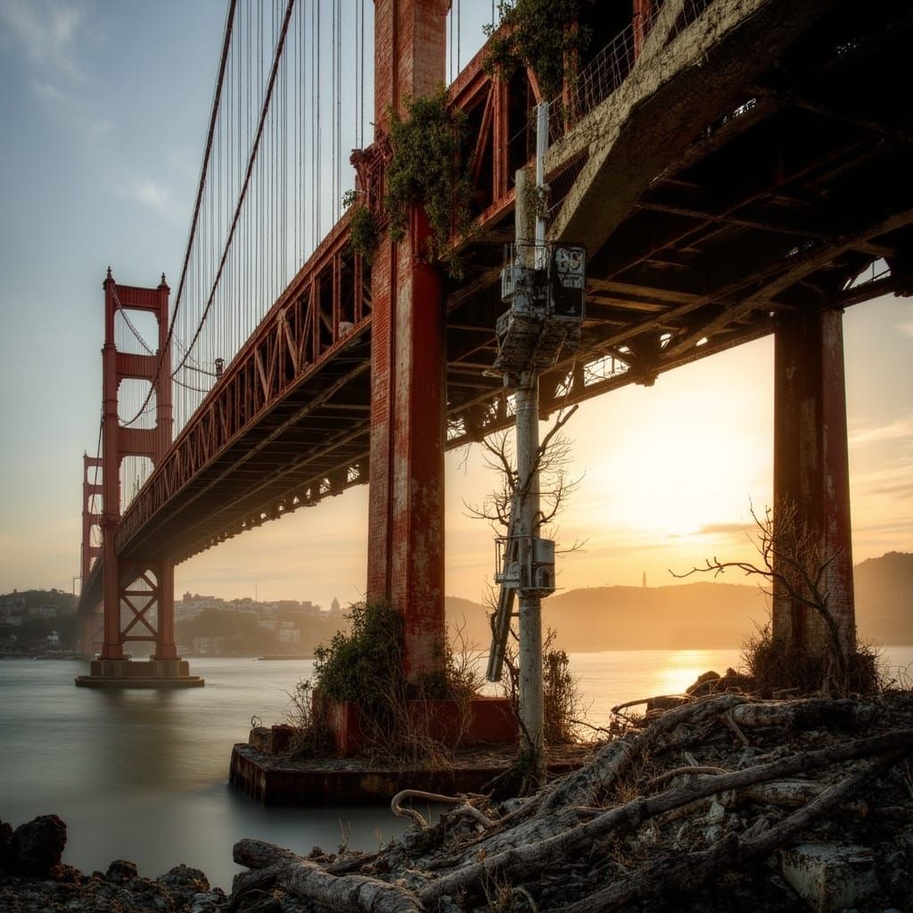 Decaying Golden Gate Bridge in Dystopian Style