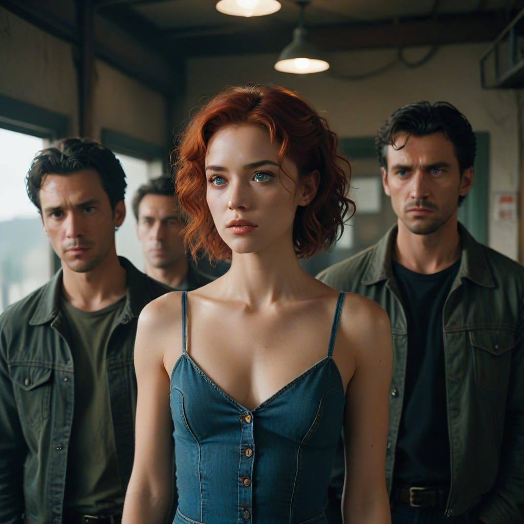 Tall Handsome Men Gaze Down at a Young Lady in a Cinematic F...