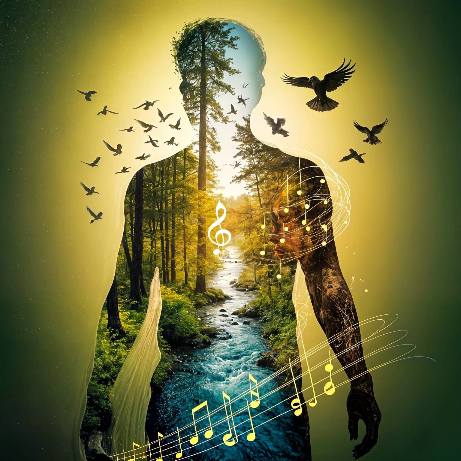 Inner World Silhouette with Musical Notes and Nature