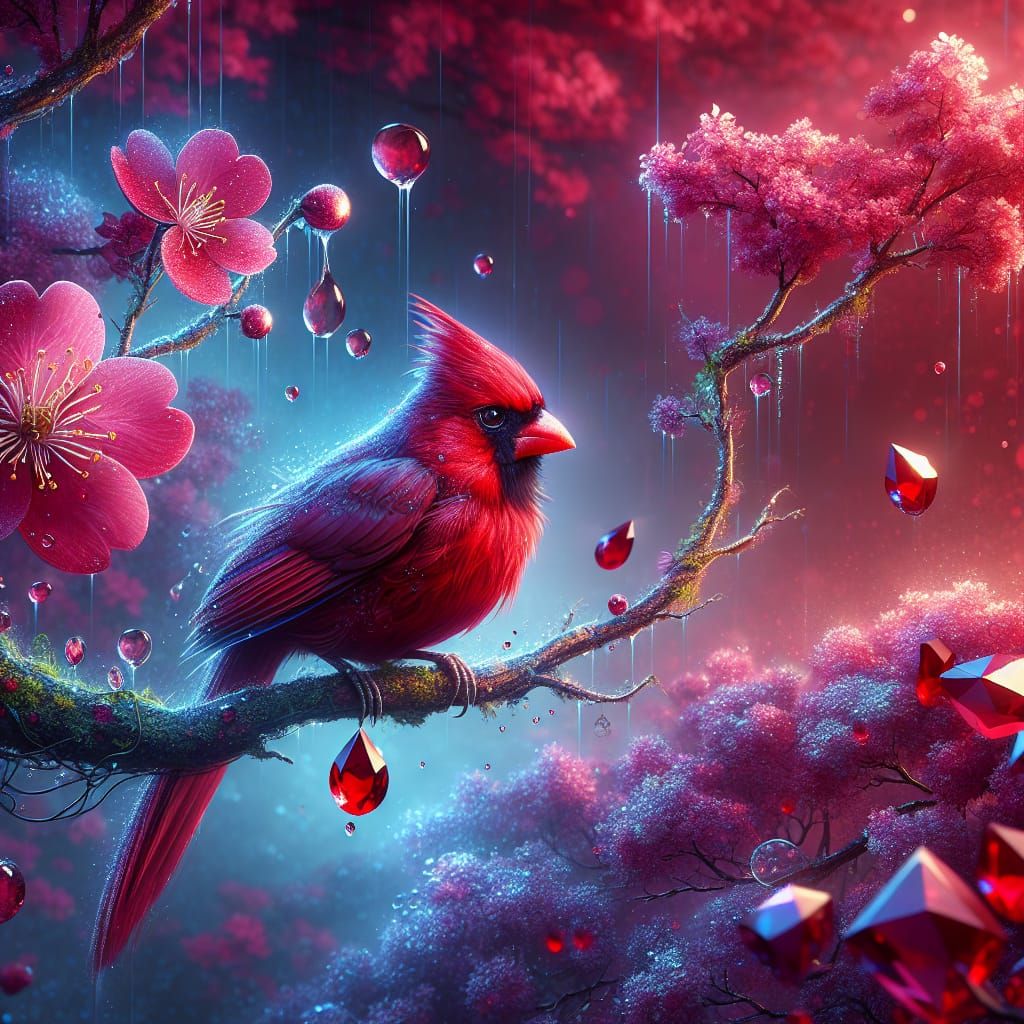 Red Cardinal on Sakura Branch: Fantasy Matte Painting