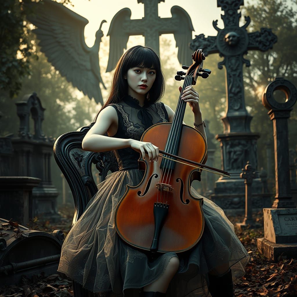 Gothic Cellist in Cemetery: Digital Matte Painting