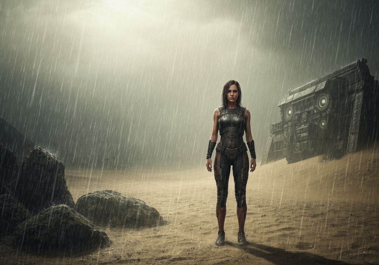 Stoic Woman in Gritty Sandstorm and Heavy Rain