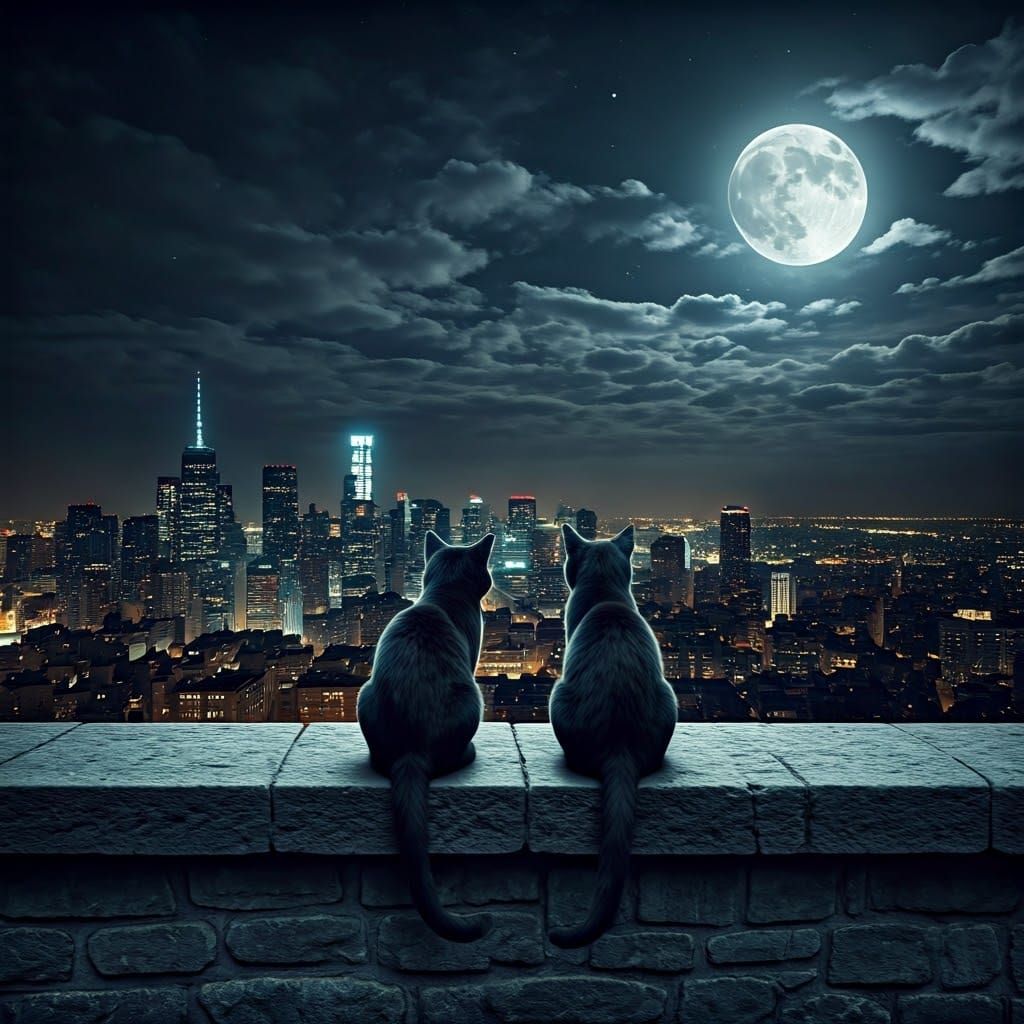 Sleek Black Cats Silhouetted Against Cityscape at Night