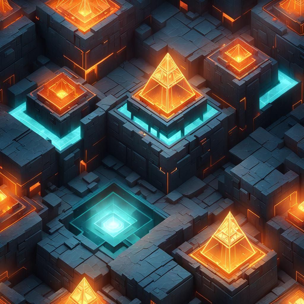 Low-Poly Fantasy Pyramid Interior with Hydrogen Reaction