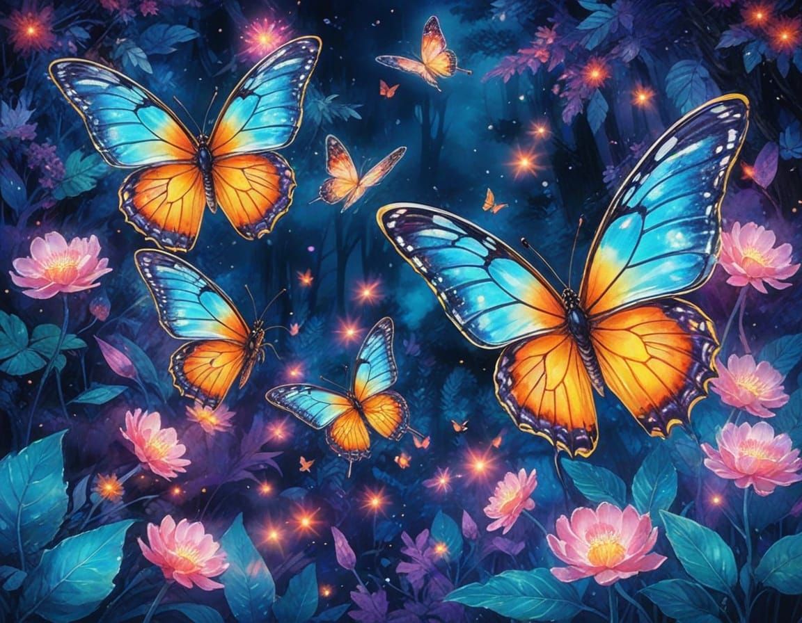 Psychedelic Butterflies in a Fantasy Forest