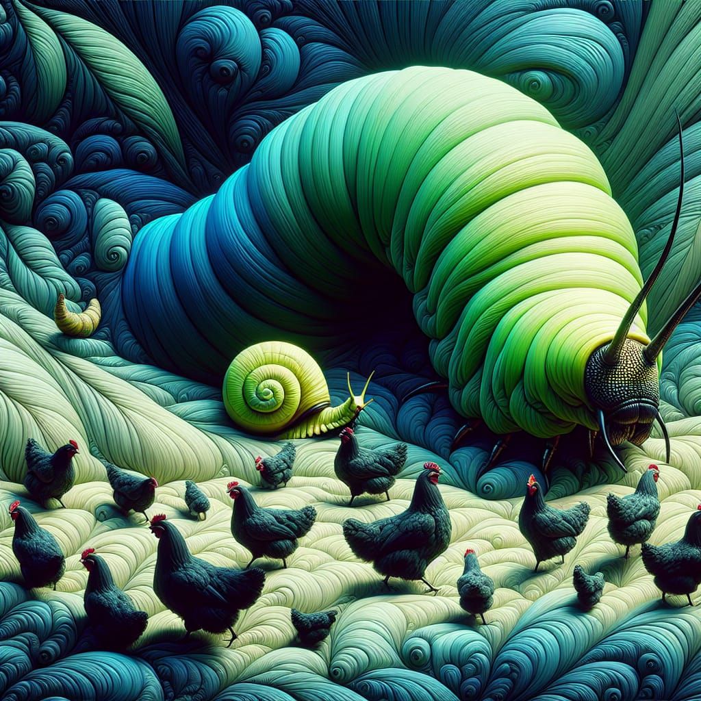Whimsical Caterpillar and Snail Illustrating Black Chickens