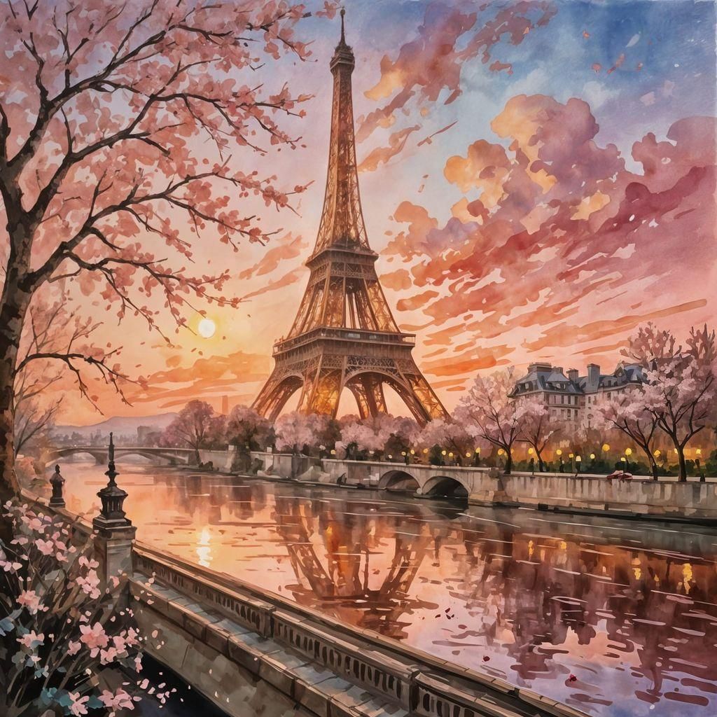 Eiffel Tower Sunset in Impressionist Gouache Style