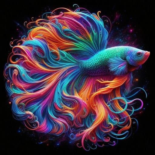 Vibrant Neon Betta Fish in Swirling Psychedelic Art