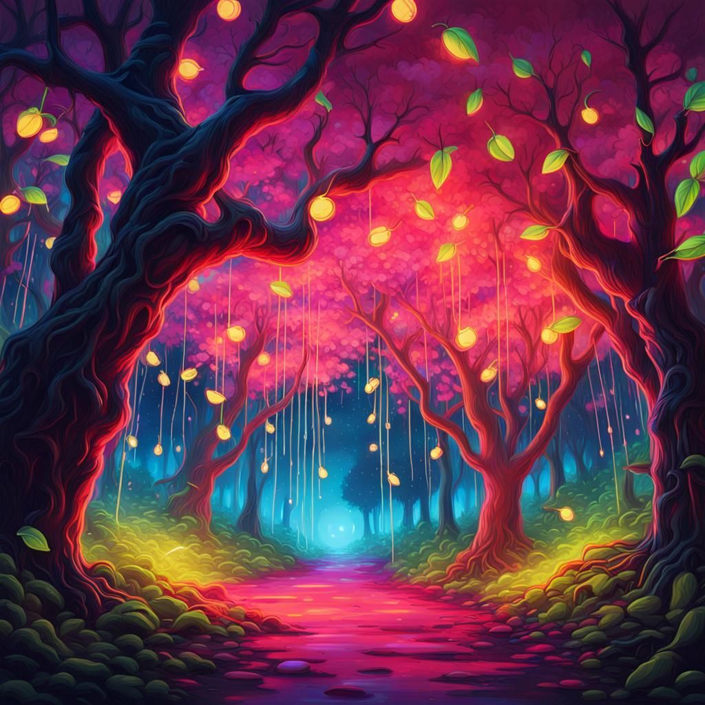 Neon Grove: Graffiti Art of Enchanted Apple Orchard