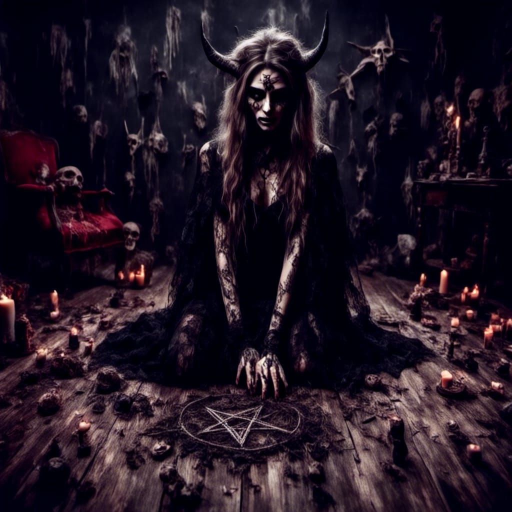 Latina Witch Summons Demon in Dark Fantasy Style