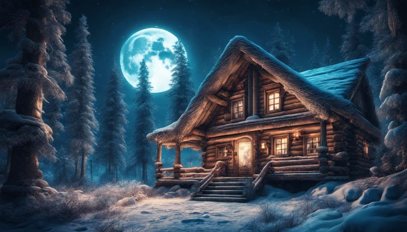 Winter Cabin Under Full Moon: Fantasy Digital Painting