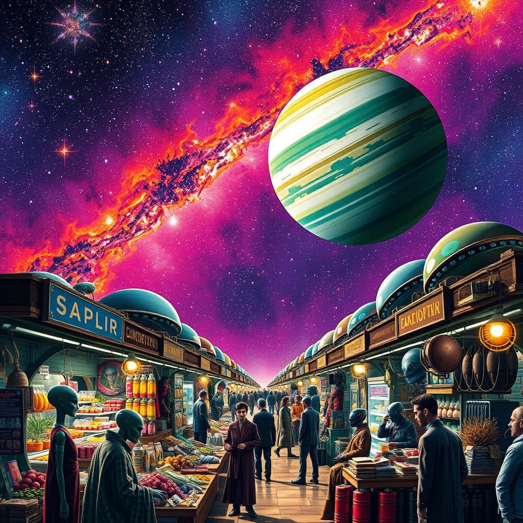 Bustling Intergalactic Market in Glitch Art Style