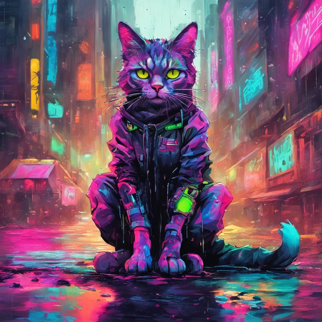 Cyberpunk Cat in Neon City, Graffiti Art