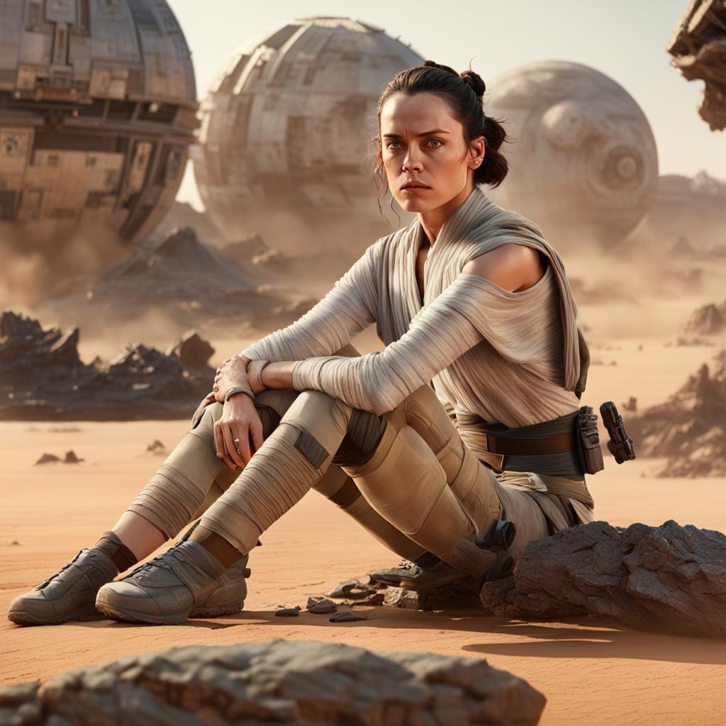 Rey in Desert World with Moons, Hyperrealistic