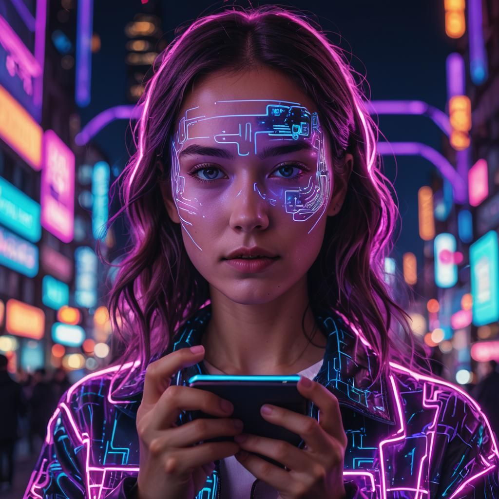Surreal Neon Portrait with Glowing Smartphone