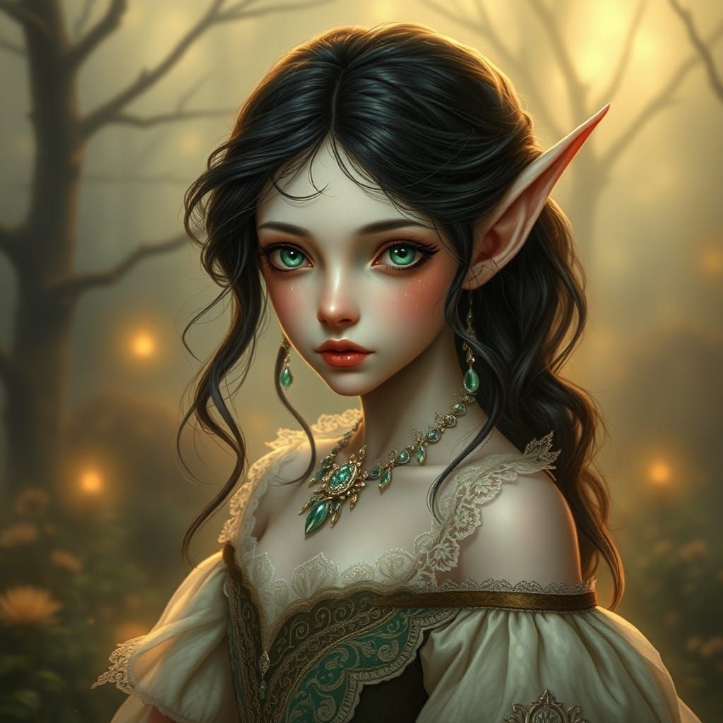 Victorian Elf in Moonlit Garden Illustration