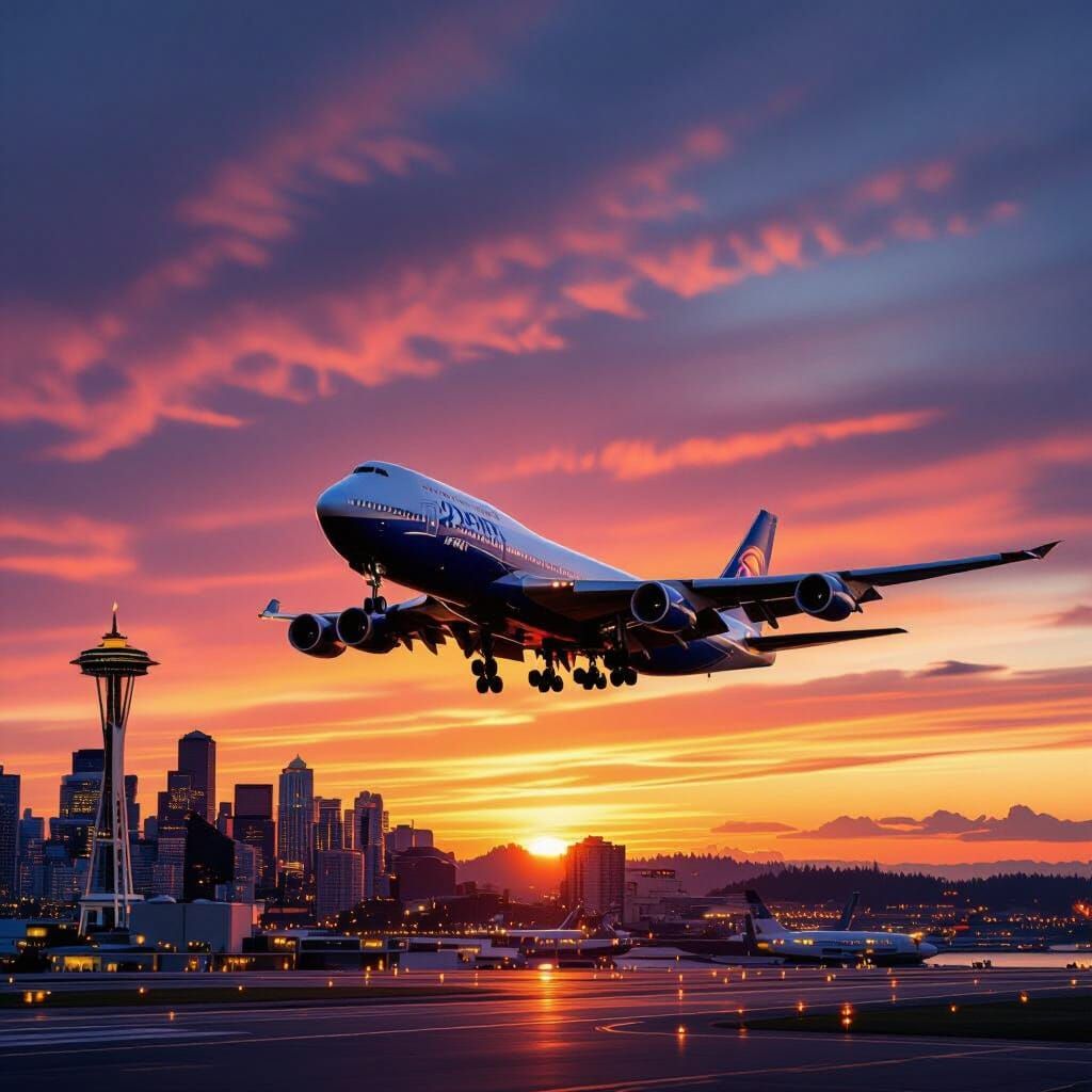 Boeing 747 Landing in Seattle at Sunset