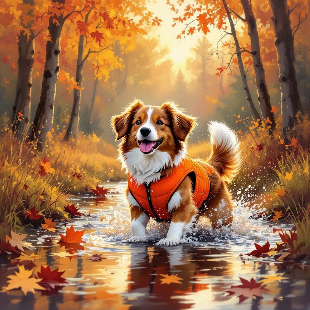 Dog Splashing in Autumnal Landscape as Soft Painting
