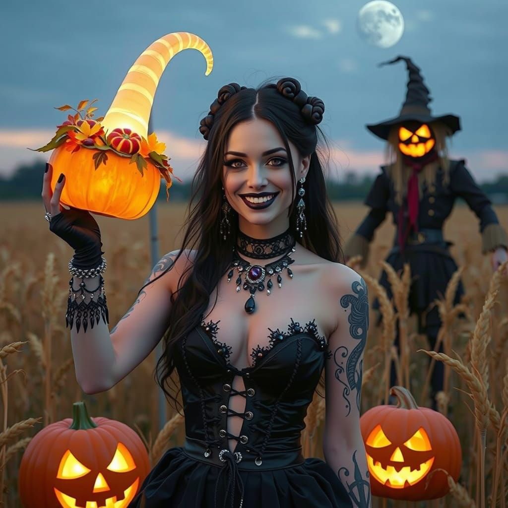 Goth Woman Holds Glowing Harvest Horn in Spooky Night Field
