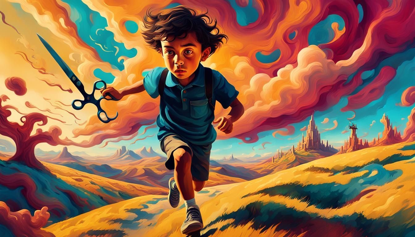Surrealist Boy Runs Through Dreamlike Landscape with Scissor...